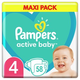 Pampers Active Baby, Βρεφικές Πάνες Νο4 (9-14kg), 58τμχ, MAXI PACK