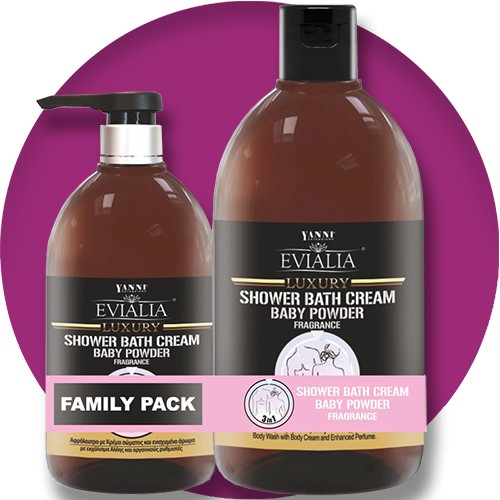 Evialia Luxury Shower Bath Cream, Set 1 lt +500ml, 5 Αρώματα | Baby Powder | Africa | Bubblegum | Caramel | JG Fragrance|