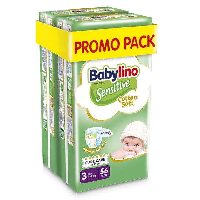 Βρεφική πάνα Babylino Sensitive Cotton Soft No3 4-9 Kg, PROMO PACK (2x56τμχ) 112τμχ