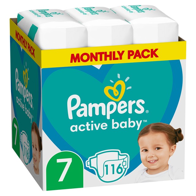 Pampers Active Baby, Πάνες No7 (15+kg), 116τμχ, MONTHLY PACK