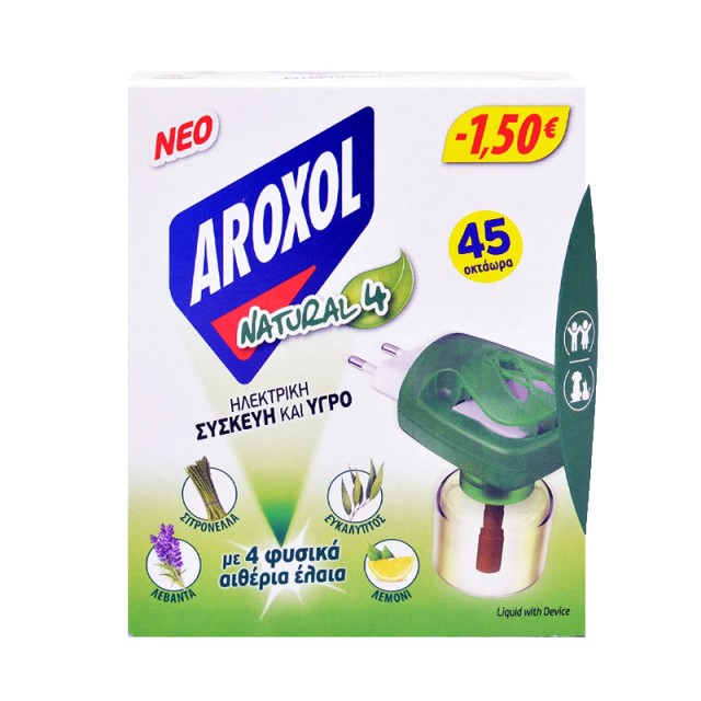 Aroxol Natural Four, Συσκευή Εντομοαπωθητική & Ανταλλακτικό Υγρό με 4 Φυσικά Αιθέρια Έλαια 45 οκτάωρα (-1.5€)