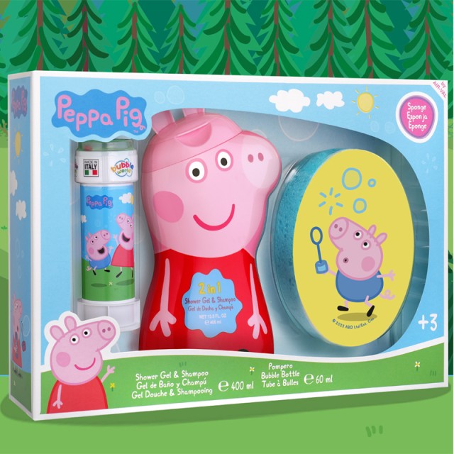 Air Val Set Peppa Big Shower Gel & Shampoo, 400ml & Sponge & Bubble, Παιδικό Σετ Δώρου με Αφρόλουτρο & Σαμπουάν, Σφουγγαράκι & Παιχνίδι Σαπουνόφουσκες