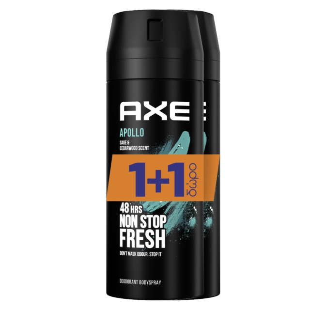Axe Apollo 48h Non Stop Fresh Body Spray, Αποσμητικό Σπρέι, 2x150ml 1+1 ΔΩΡΟ