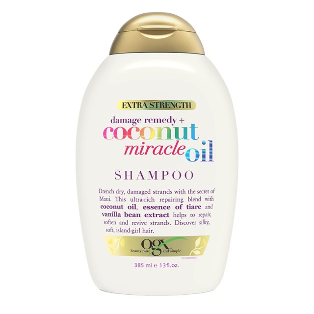 OGX Extra Strength Damage Remedy & Coconut Miracle Oil Shampoo SLS Free, Σαμπουάν Αποκατάστασης για Ξηρά, Ταλαιπωρημένα ή Χημικά Επεξεργασμένα Μαλλιά χωρίς Θειϊκά Άλατα, 385ml