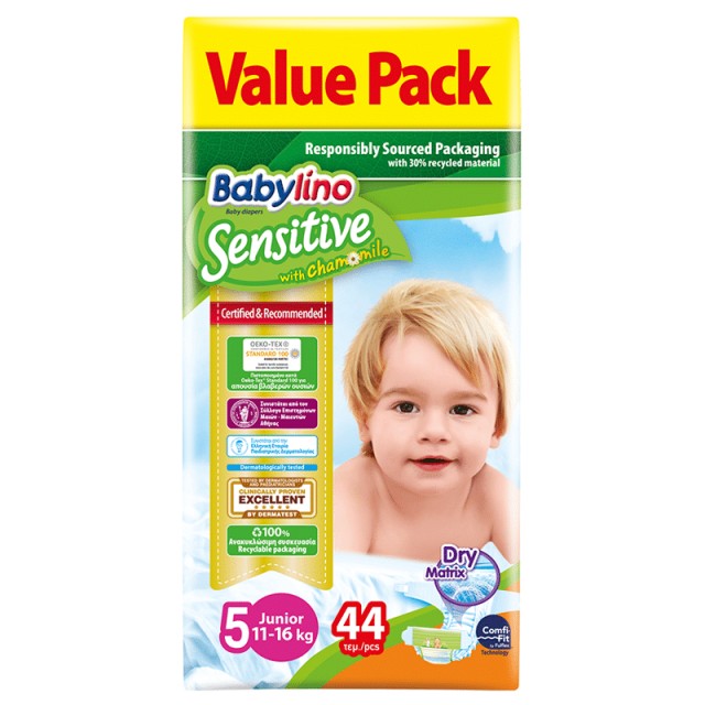 Βρεφική πάνα Babylino Sensitive No5 11-16 Kg Value Pack 44 τμχ