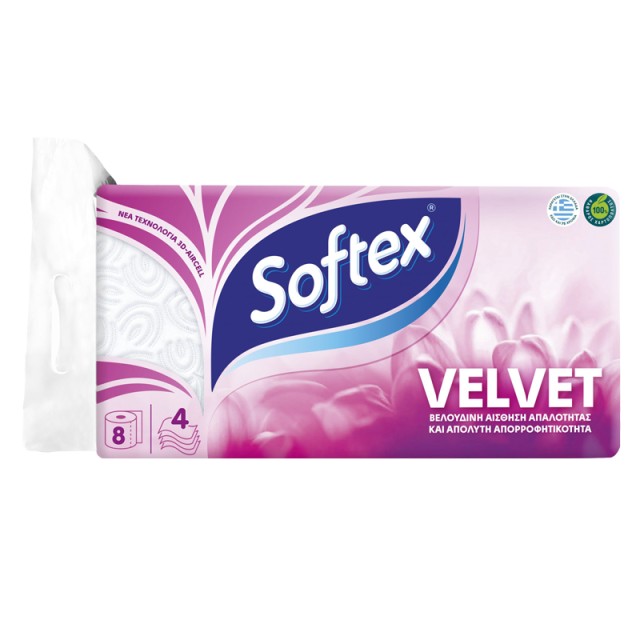 Softex Velvet με απαλό άρωμα Ταλκ 4φυλλο 103g, Χαρτί Υγείας, 8τμχ
