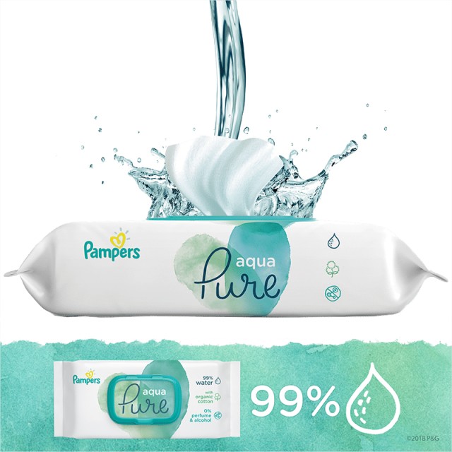 Pampers Aqua Pure Μωρομάντηλα Χωρίς Άρωμα & Χωρίς Αλκοόλη, 48τμχ