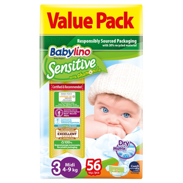 Βρεφική πάνα Babylino Sensitive No3 4-9 Kg Value Pack 56 τμχ