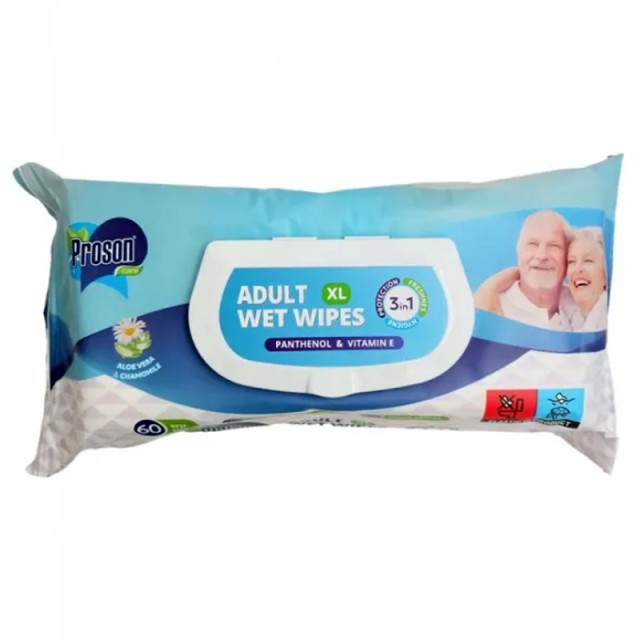 Proson Care Adult Wet Wipes XL 3 in 1 Μαντηλάκια Καθαρισμού Ενηλίκων 3 σε 1 Με Καπάκι, 60τεμ.