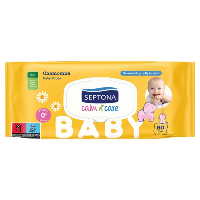 Septona Calm n Care Baby Wipes Chamomile με Καπάκι, Μωρομάντηλα με Χαμομήλι, 80τμχ