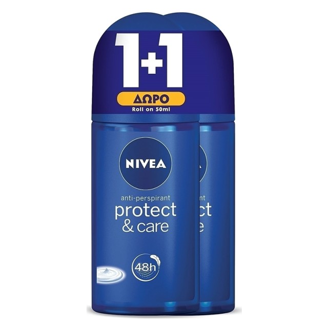 Nivea Protect & Care 0% Alcohol, Αποσμητικό Roll On, 2x50ml 1+1 ΔΩΡΟ
