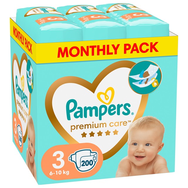 Pampers Premium Care Πάνα Μέγεθος 3 (6kg - 10kg), 200 Πάνες - MONTHLY PACK