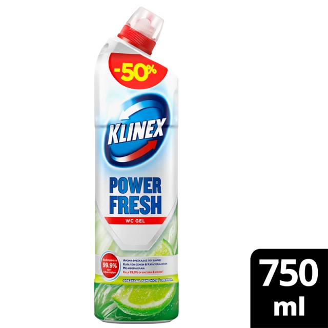 Klinex Wc Gel Power Fresh Φρεσκάδα Λεμονιού, Καθαριστικό Λεκάνης 750ml (-50%)