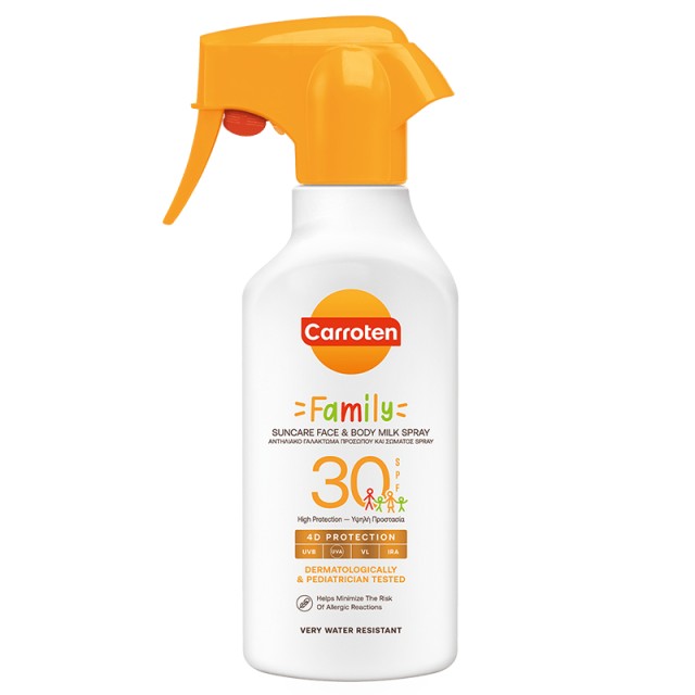 Carroten Family Suncare Face & Body Milk Spray SPF30, Αντηλιακό Σπρέι Προσώπου & Σώματος για όλη την Οικογένεια, 270ml