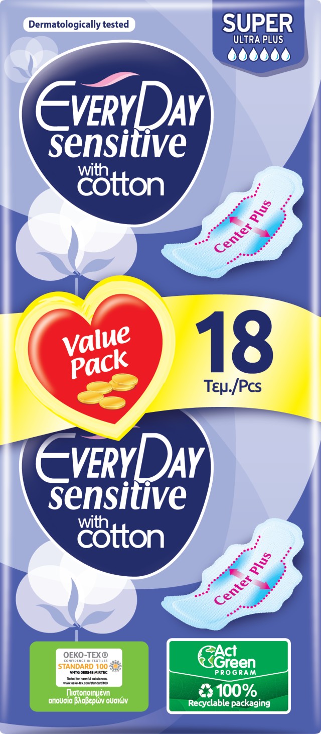 Every Day Σερβιέτες Sensitive with Cotton SUPER Ultra Plus Value Pack 18 τεμ.