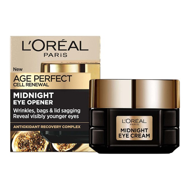 LOreal Age Perfect Cell Renew Midnight Eye Cream, Κρέμα Ματιών Ανάπλασης Νυκτός για Κυτταρική Ανάπλαση, Μείωση Ρυτίδων, Σφριγηλότητα & Άνεση για Ορατά πιο Ξεκούραστο & Νεανικό βλέμμα. 15ml