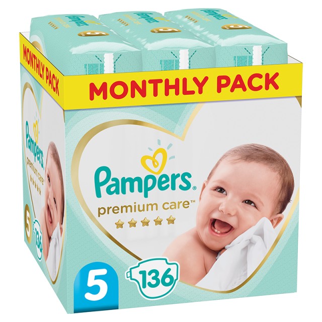 Pampers Premium Care, Βρεφικές Πάνες No5 (11-16Kg), 136 τμχ, MONTHLY PACK