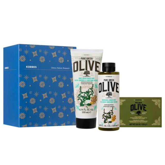 Korres Pure Greek Olive Ginger Mint Shower Gel, 250ml, Body Cream, 200ml & Soap, 250gr, Αφρόλουτρο Τζίντζερ Μέντα, 250ml, Κρέμα Σώματος Τζίντζερ Μέντα, 200ml & Σαπούνι για Πρόσωπο & Σώμα, 250gr, 1 σετ