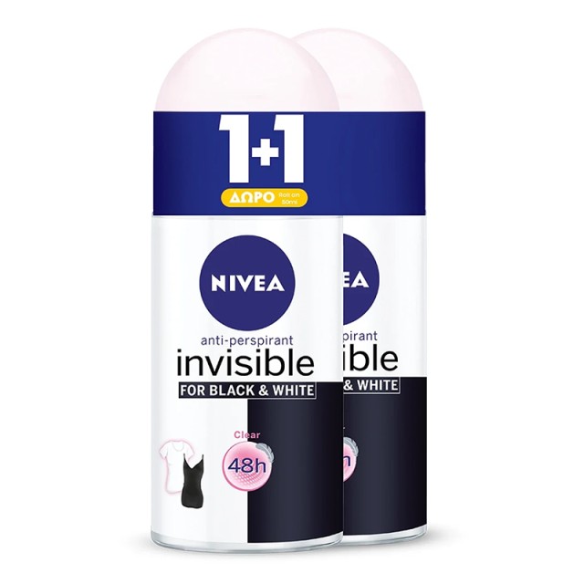 Nivea Invisible Black & White Clear, Αποσμητικό Roll on, 2x50ml 1+1 ΔΩΡΟ