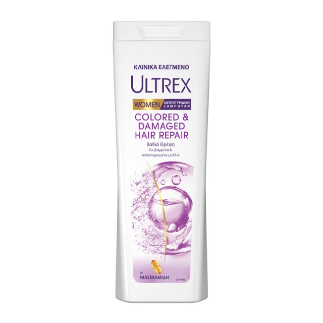 Ultrex Damaged & Colored Hair, Αντιπιτυριδικό Σαμπουάν για Βαμμένα & Ταλαιπωρημένα Μαλλιά, 360ml