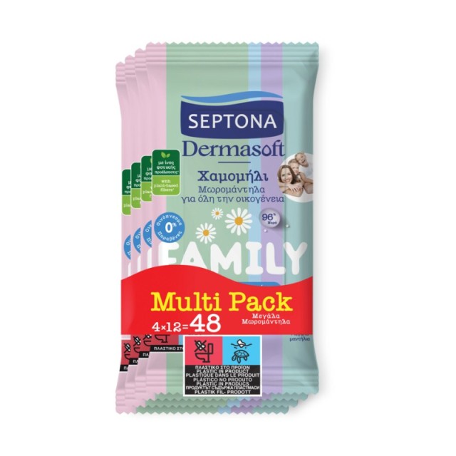 Septona Dermasoft Family, Μωρομάντηλα με Χαμομήλι για Όλη την Οικογένεια, (4x12τμχ), 48τμχ