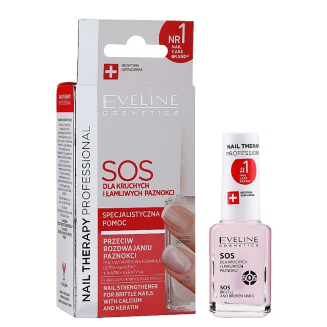 Eveline Cosmetics SOS Broken & Brittle Nail Therapy Professional 12ml Strengthening Hardening Conditioner with Calcium and Collagen, Πολυβιταμινούχο Bερνίκι Nυχιών με Eνισχυτική Δράση, 12ml