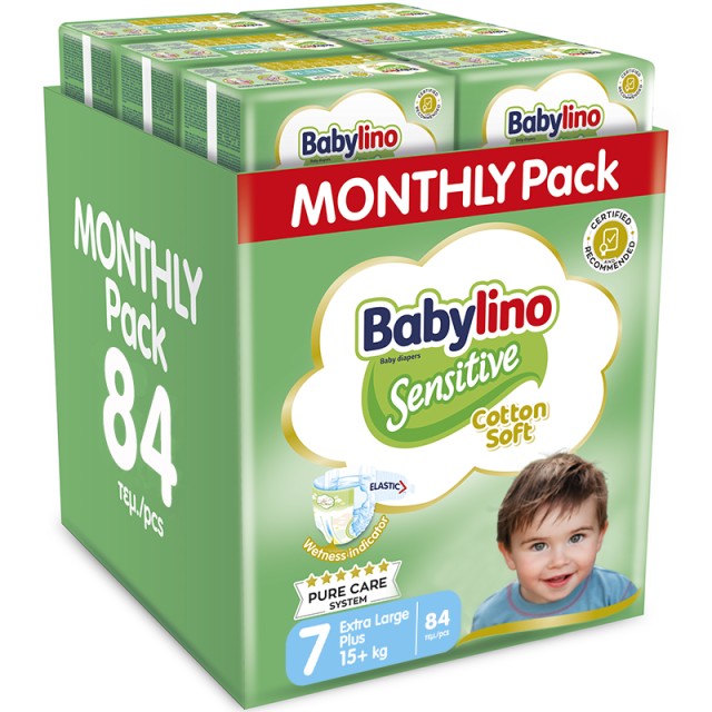 Βρεφική πάνα Babylino Sensitive Cotton Soft No7 15+ Kg Monthly Pack, 84 τεμ.
