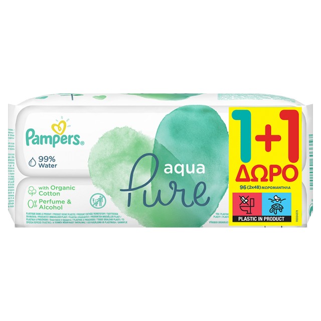 Pampers Aqua Pure, Μωρομάντηλα, 2x48τμχ, 1+1ΔΩΡΟ