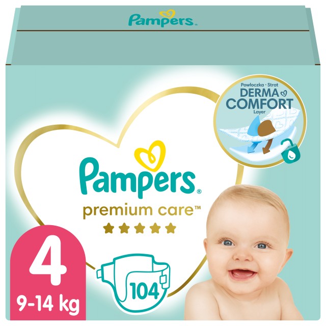 Pampers Premium Care, Βρεφικές Πάνες Νο4 (9-14kg), 104τμχ, MEGA PACK