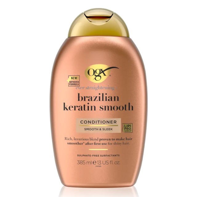 OGX Ever-Straightening & Brazilian Keratin Smooth Conditioner SLS Free, Μαλακτικό Λείανσης για Σγουρά ή Κυματιστά Μαλλιά χωρίς Θειϊκά Άλατα, 385ml