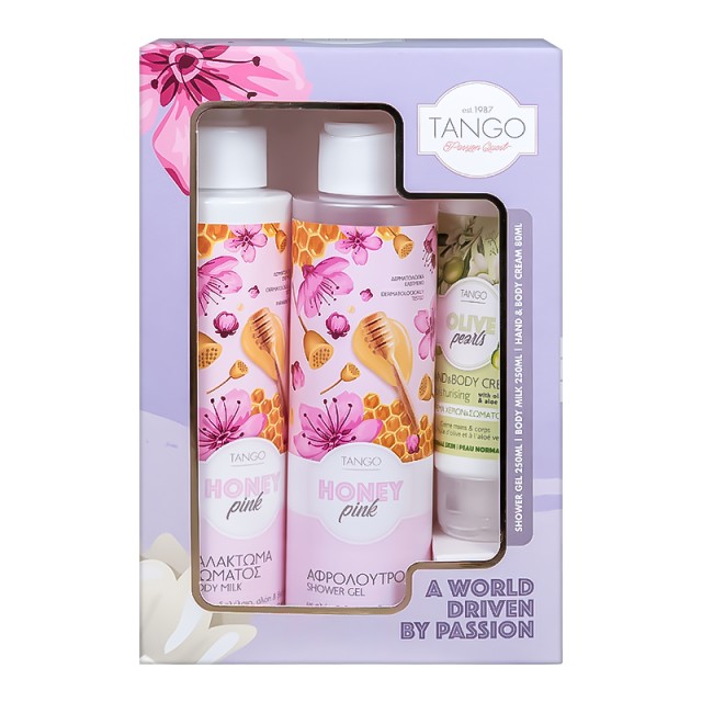 Tango Body Gift Set Honey Pink & Olive Pearls, Αφρόλουτρο 250ml + Γαλάκτωμα Σώματος 250ml + Κρέμα Χεριών 80ml, Σετ Δώρου