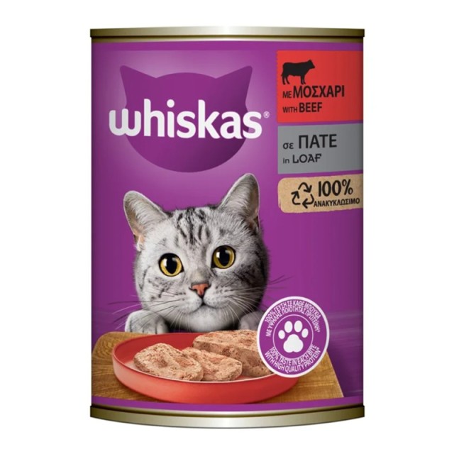 Whiskas Adult Πλήρης Υγρή Τροφή Γάτας με Μοσχάρι Πατέ σε Κονσέρβα, 400gr