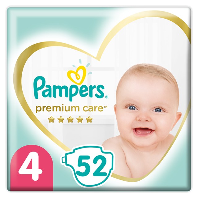 Pampers Premium Care, Βρεφικές Πάνες No4 Maxi (9-14kg) 52τμχ, JUMBO PACK