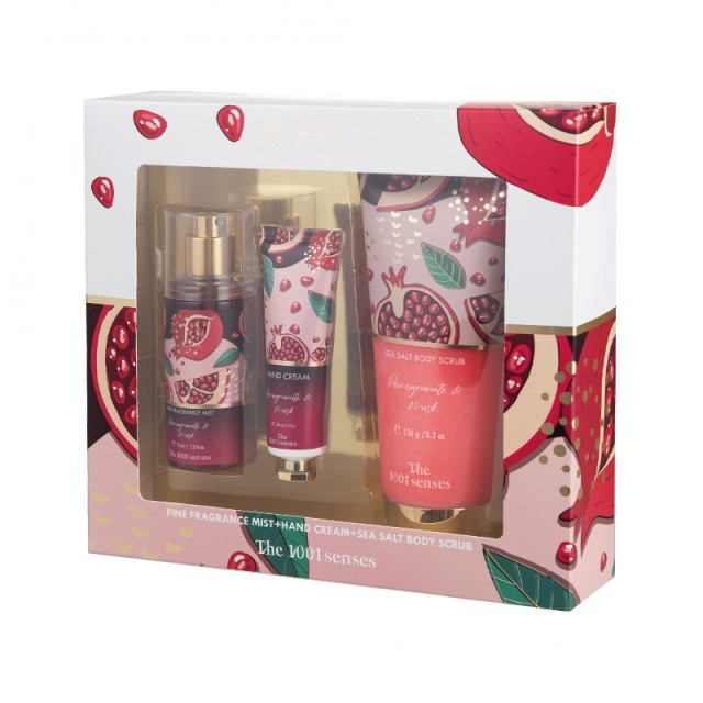1001 Senses Cherry Pomegranate & Musk Body Mist 75ml + Body Scrub 236ml + Hand Cream 50ml, Σετ Δώρου