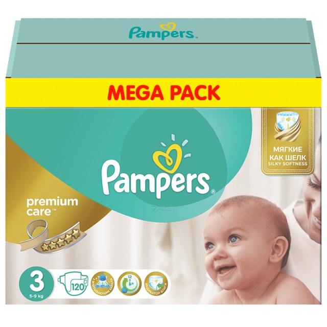 Pampers Premium Care, Βρεφικές Πάνες Νο3 (5-9kg), 120τμχ, MEGA PACK