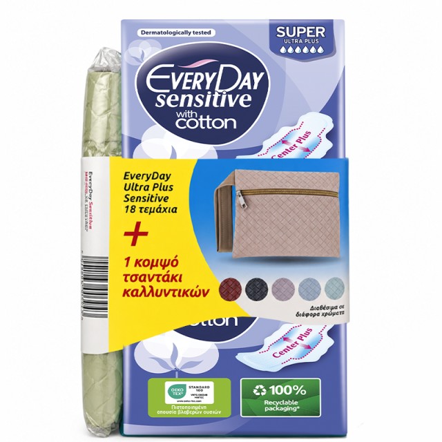 EveryDay Sensitive with cotton Σερβιέτες SUPER Economy, 18 τεμ.& Δώρο 1 Κομψό Τσαντάκι Καλλυντικών