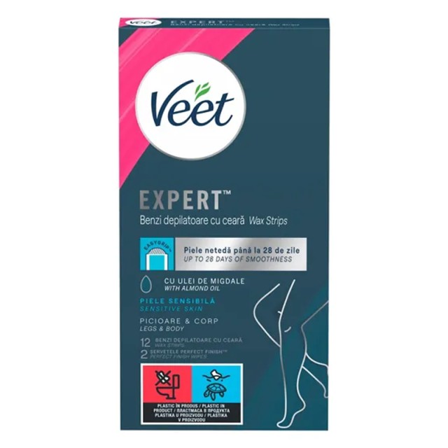 Veet Expert Easy-Gel Wax Strips Sensitive Skin Αποτριχωτικές Ταινίες Ποδιών & Σώματος για Ευαίσθητες Επιδερμίδες, 12τεμ.