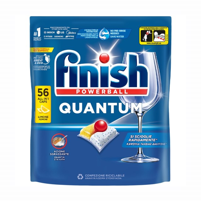 Finish Powerball Quantum All in 1, Απορρυπαντικό Πλυντηρίου Πιάτων Ταμπλέτες, Λεμόνι, 56τεμ