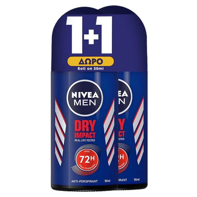 Nivea Men Dry Impact 48h, Αποσμητικό Roll on, 2x50ml 1+1 ΔΩΡΟ