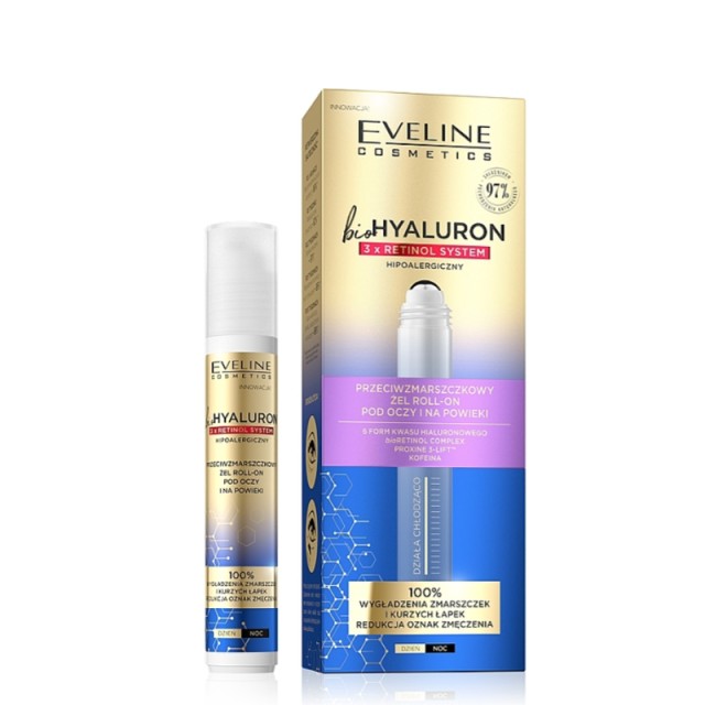 Eveline Cosmetics Biohyaluron 3x Retinol System Anti Wrinkle Roll On Gel for Under Eye Area, Αντιρυτιδικό Tζελ Για την Περιοχή των Ματιών, 15ml