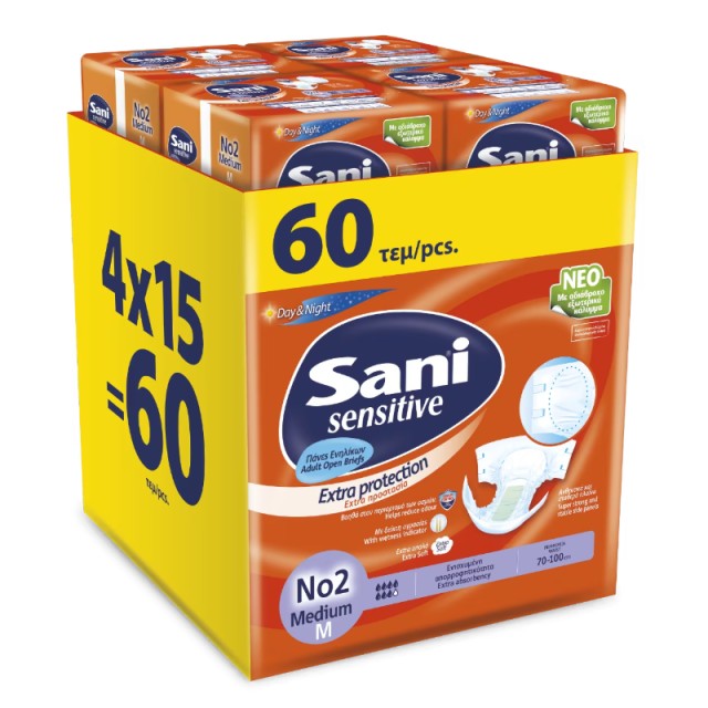 Ανοιχτή πάνα ακράτειας Sani Sensitive Medium No2 MEGA PACK, 60τεμ.