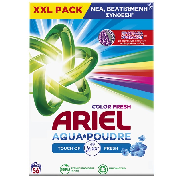 Ariel AquaPoudre Touch Of Lenor Color Σκόνη Πλυντηρίου Ρούχων - 56 Μεζούρες 3,64kg