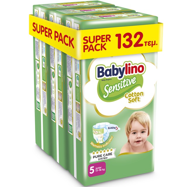Βρεφική πάνα Babylino Sensitive Cotton Soft No5 11-16 Kg, SUPER PACK (3x44τμχ) 132τμχ