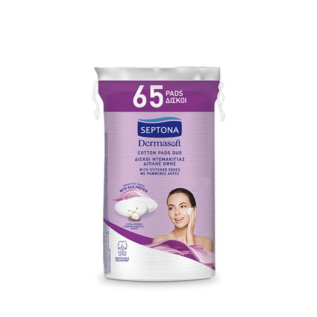 Septona Dermasoft Daily Clean Οβάλ Δίσκοι Ντεμακιγιάζ 2πλής Όψης με Ραμμένες Άκρες, 65τμχ