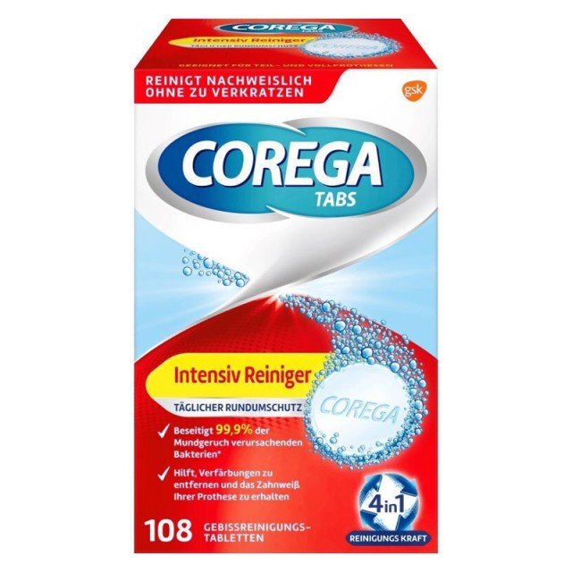 Corega Intensive Cleaning 4 in 1 Denture Cleaning Tablets, Tαμπλέτες Kαθαρισμού Oδοντοστοιχιών, 108 Tablets