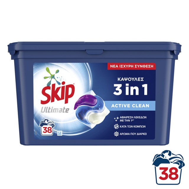 Skip Active Clean Διπλής Δράσης, Υγρές Κάψουλες Πλυντηρίου Ρούχων, 916g, 38 κάψουλες