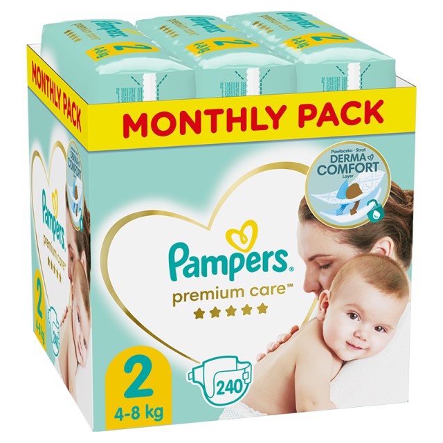 Pampers Premium Care, Βρεφικές Πάνες Νο2 (4-8kg), 240τμχ, MONTHLY PACK