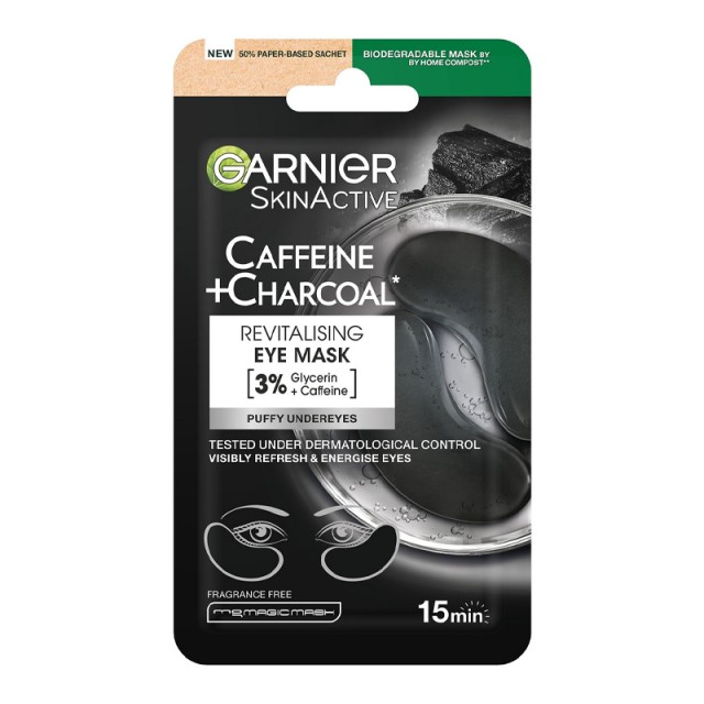 Garnier SkinActive Caffeine & Charcoal Revitalising Eye Mask Mάσκα Ματιών για Μαύρους Κύκλους, 1ζεύγος