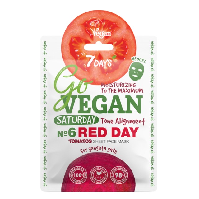 7DAYS GoVegan Sheet Mask RED Day Saturday, Υφασμάτινη Μάσκα Προσώπου για Εξισορρόπηση Τόνου, Ενυδάτωση και Ζωντάνια, 25gr