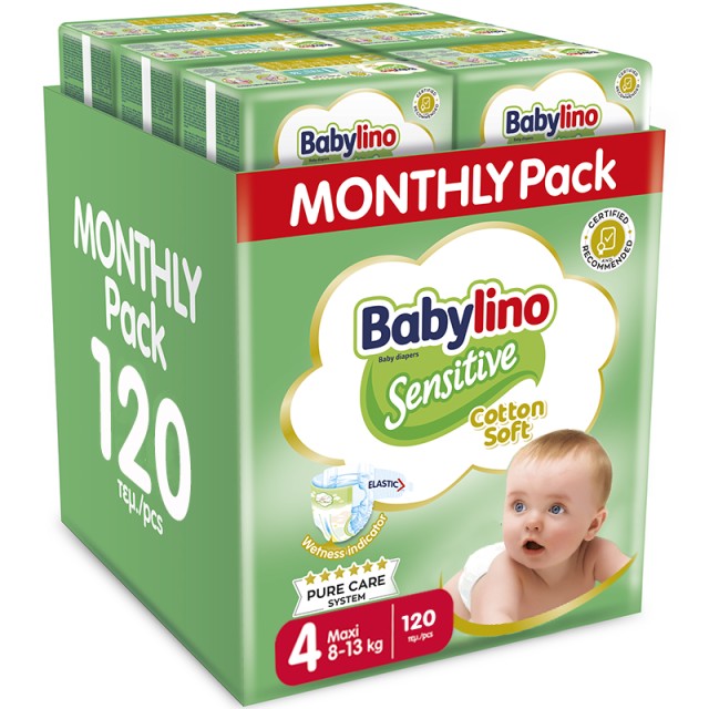 Βρεφική πάνα Babylino Sensitive Cotton Soft No4 8-13 Kg Monthly Pack, 120 τεμ.
